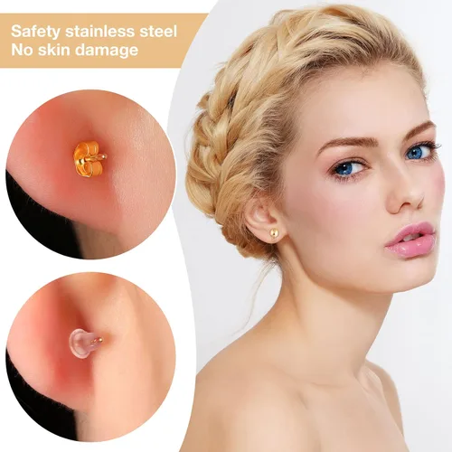 Miniatura 3 de Juego de 780 aretes de bola, hipoalergénicos, de 4/5/0.236 in, redondos, con lazos, suministros para aretes de mariposa y parte trasera de silicona