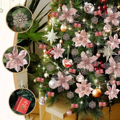Miniatura 4 de BSMYBO 59 piezas 6 estilos de flores de Pascua artificiales para árbol de Navidad, adornos de Navidad en color oro rosa con tallos de bayas, copos