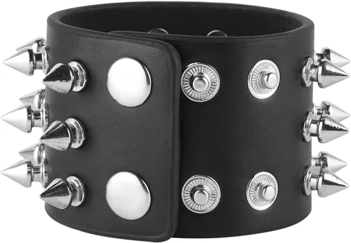 Miniatura 4 de HZMAN Brazalete unisex negro con pinchos de metal estilo punk/rock, correa ancha de cuero