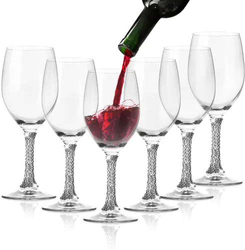 Miniatura 8 de Juego de 2 copas de vino de alta calidad, copas de vino de tallo largo con diseño de tallo plateado de diamantes de imitación, 12 onzas