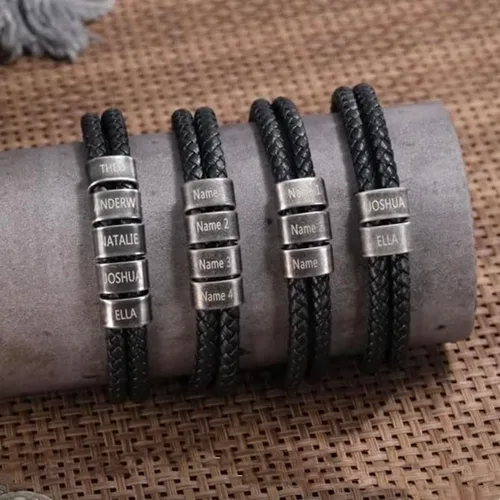 Miniatura 6 de Pulsera personalizada con nombre para hombre, pulsera de cuero personalizada para hombre con 2-5 cuentas vintage grabadas con nombres de familia