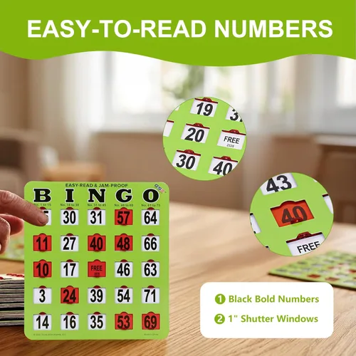 Miniatura 6 de GSE Games & Sports Expert Green Jumbo Tarjetas de bingo fáciles de leer a granel, tarjetas de bingo reutilizables a prueba de atascos con ventanas