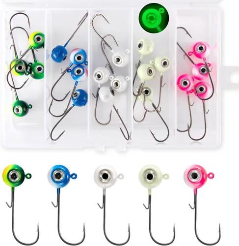 Alownder - Juego de 20 cabezas de pesca con ojos holográficos 3D, cabezas de plantilla redondas, jigs de agua salada y dulce Walleye jigs Live Bait
