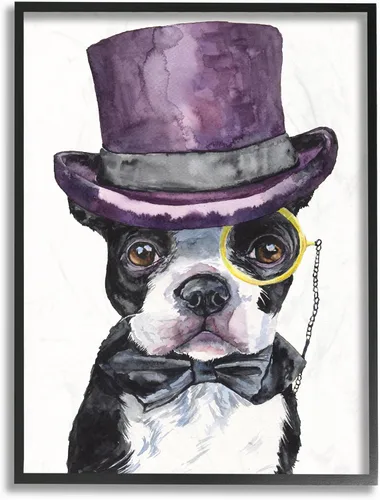 Stupell Industries Boston Terrier con sombrero, perro y mascota, pintura de acuarela, marco negro, arte de pared, 11 x 14, multicolor | Stupell
