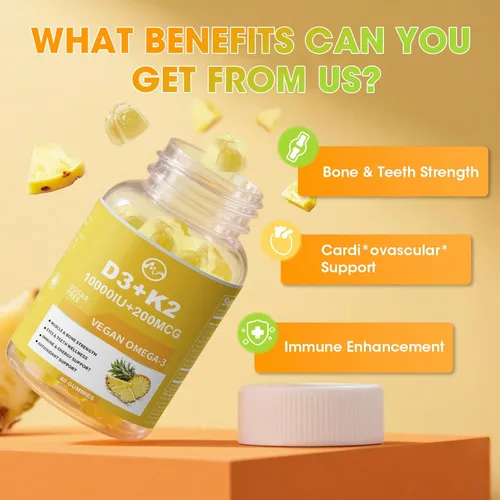Miniatura 3 de Gomitas de vitamina D3 K2, vitamina D3 10000IU, K2 (MK-7) 200mcg, suplemento de vitamina D3 con K2 6 en 1 con omega-3, magnesio, calcio y zinc