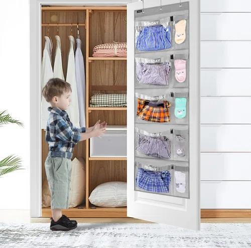 Miniatura 3 de Organizador semanal de ropa para niños, día de la semana, almacenamiento de ropa escolar, de lunes a viernes, organizador colgante de armario (gris)
