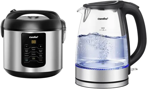 COMFEE' Olla arrocera pequeña, 8 tazas cocidas (4 tazas sin cocinar) 6 en 1 de acero inoxidable, olla de cocción lenta, vaporera y hervidor de té