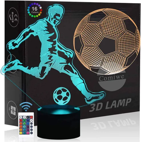 Luz nocturna de ilusión 3D de fútbol, 16 colores regulables, lámpara de noche LED con control táctil y remoto, USB y alimentada por batería,