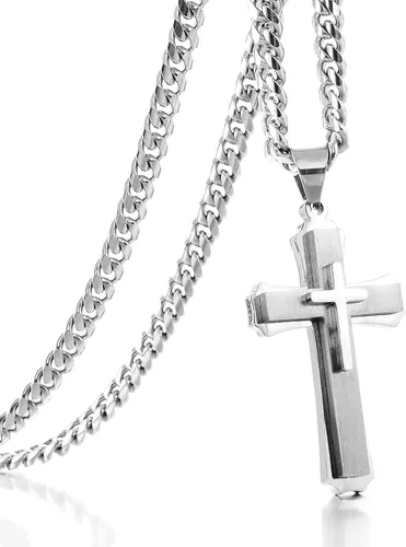 WW Lifetime - Collar de cruz para hombres y niños, collar con colgante de cruz doble de acero inoxidable con cadena de eslabones cubanos de 24