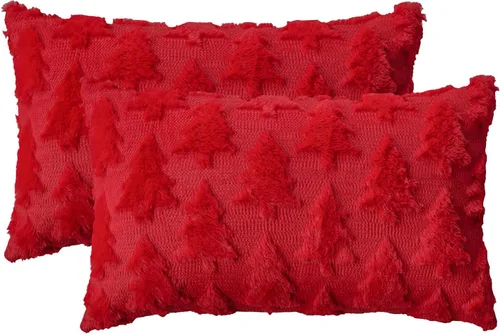 Miniatura 8 de AVOIN colorlife Juego de 2 fundas de almohada beige con árbol de Navidad, 16 x 16 pulgadas, felpa suave, piel sintética, jacquard, festivales