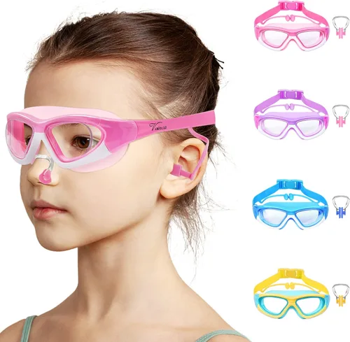 Miniatura 12 de Vvinca Gafas de natación para niños de 3 a 12 años, diseño mejorado 2024 con tapón para la oreja y la nariz, visión amplia, antivaho sin fugas