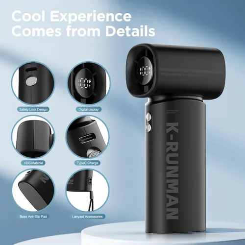 Miniatura 4 de Ventilador turbo portátil de mano, 5 velocidades, viento fuerte, mini ventilador personal con pantalla LED, enfriamiento máximo de 19 horas, Negro