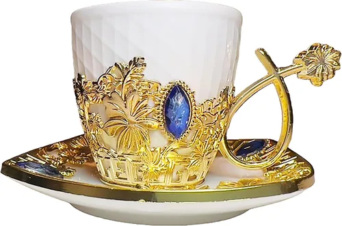 Miniatura 2 de Chandler Juego de tazas de café de porcelana blanca con acento acrílico dorado y gema azul, 6 tazas y 6 platillos, caja de regalo incluida (redonda)
