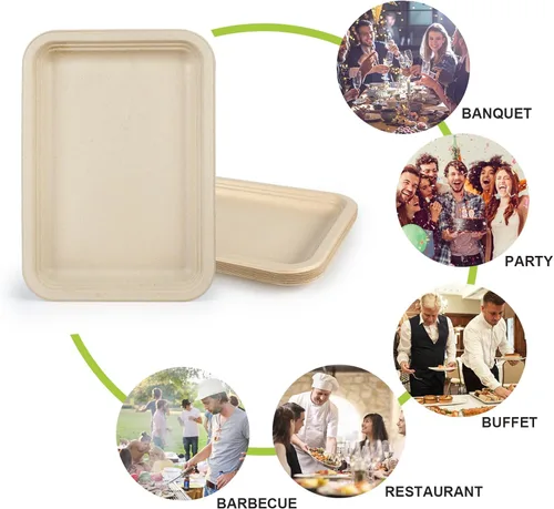 Miniatura 4 de Paquete de 10 platos de comida, platos de papel rectangulares, aptos para microondas, a prueba de remojos, resistentes a cortes, compostables