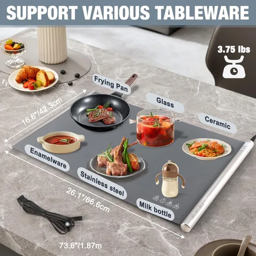 Miniatura 2 de HAUSHOF Tapete de calentamiento para alimentos, tapete eléctrico extra grande para calentar alimentos para encimera, bandeja de calentamiento rápido