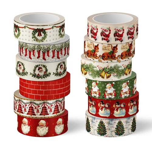 Miniatura 17 de Whaline 12 Rollos de Cinta Washi de Navidad Gris Estilo Granja Cinta Washi Surtida Xmas Cinta de Papel Decorativa de Enmascarar para Fiestas