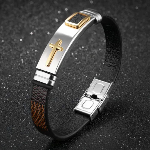 Miniatura 2 de StarLight Pulseras religiosas de cruz para hombre, acero inoxidable y cuero de silicona, para adolescentes, niños y hombres, Cuero de silicona,