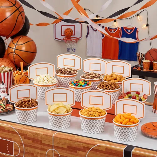 Miniatura 6 de Suclain 48 tazas de aro de baloncesto para aperitivos, decoraciones de fiesta de baloncesto, suministros de papel para aperitivos, cuencos de comida