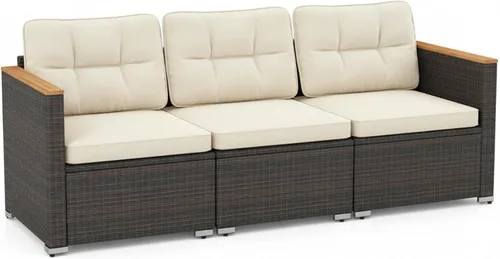 Tangkula Sofá de mimbre para patio de 3 plazas, juego de muebles de ratán de 3 plazas con reposabrazos de madera de acacia y cojín grueso, sofá