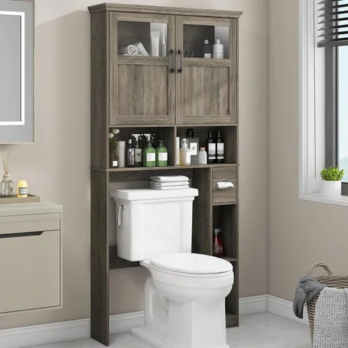 Vabches Armario de almacenamiento sobre el inodoro con puertas dobles, soporte para papel higiénico y estante ajustable, ahorro de espacio Gris