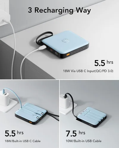 Miniatura 5 de VRURC Cargador portátil con 4 cables incorporados, paquete de batería de 20000mAh Cargador portátil PD 20W de carga rápida, banco de energía