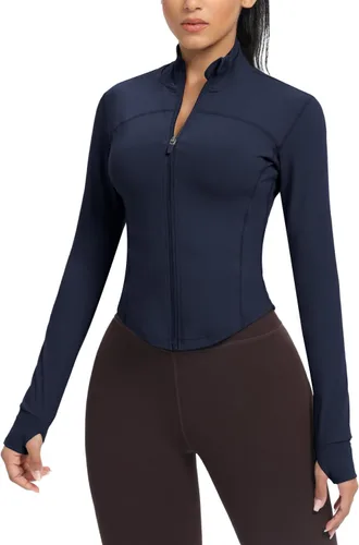 Miniatura 44 de AVGO Chaquetas de entrenamiento recortadas para mujer, con cremallera, ajustadas, atléticas, con agujeros para el pulgar