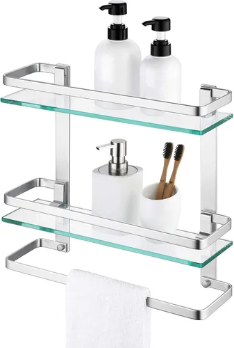 Miniatura 3 de KES Estante de vidrio templado para baño, estante de vidrio de almacenamiento de 2 niveles, rectangular con barra montado en la pared, acabado