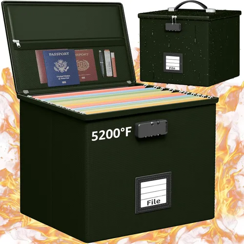 Caja de archivos a prueba de fuego verde militar para documentos, caja organizadora de documentos portátil a prueba de fuego con asa, resistente al