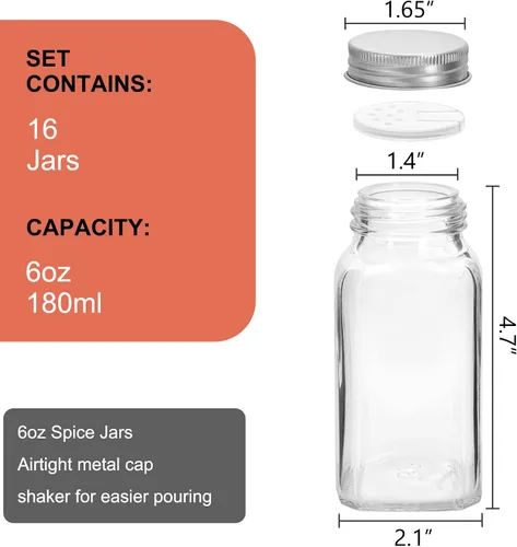 Miniatura 2 de 16 paquetes de tarros de especias de vidrio de 6 onzas con 80 etiquetas negras, recipientes cuadrados vacíos de 180 ml para condimentos, botellas