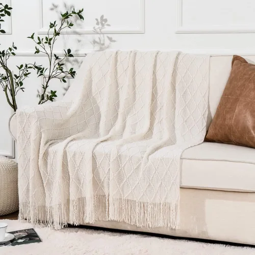 Miniatura 9 de BATTILO HOME Manta crema para sofá, cobija decorativa de estilo bohemio para dormitorio, manta blanca decorativa para sofá, sala de estar, 50 x 60