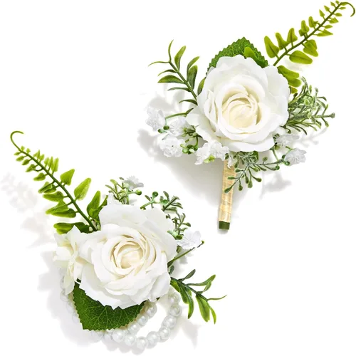 Miniatura 17 de Serwalin Conjunto de Corsage y Boutonniere Rosa, Corsage y Boutonniere de Graduación, Conjunto de Flores de Boda, Accesorios de Homecoming