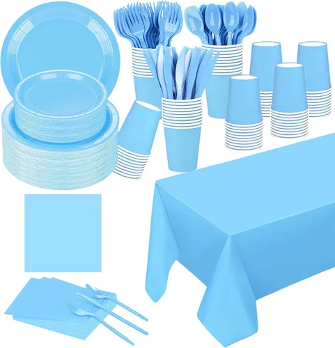 Miniatura 14 de Juego de 229 piezas de suministros de fiesta negros desechables de papel, vasos, cucharas de plástico, tenedores, cuchillos, servilletas negras