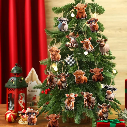 Miniatura 2 de Wenqik 36 piezas de decoración de madera de vaca de las tierras altas del oeste, juego de adornos de Navidad con bonitos recortes de ganado