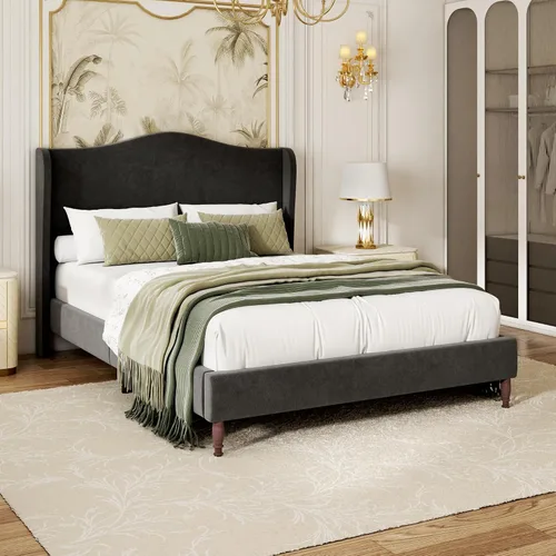 Miniatura 8 de Base de cama tapizada tamaño Queen, cabecera de tela de felpilla de 51 pulgadas de alto con diseño clásico de respaldo curvado de alas, patas