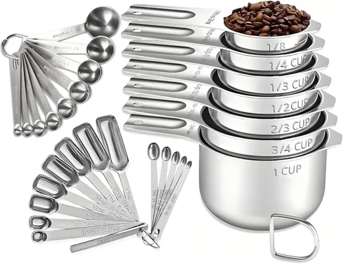 Miniatura 11 de Juego de 21 tazas y cucharas medidoras, incluye 7 tazas medidoras anidables, 9 cucharas medidoras y 5 mini cucharas, juego de medición de metal