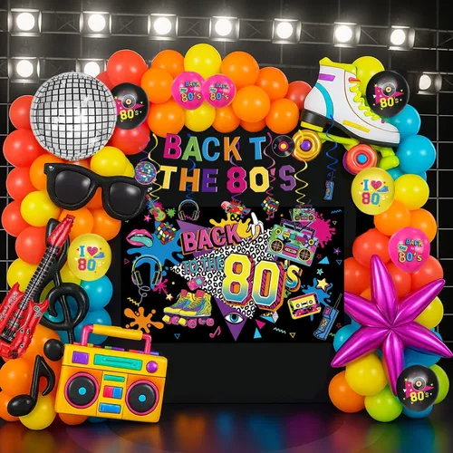 Miniatura 6 de Las decoraciones de fiesta de los años 80 incluyen telón de fondo, pancarta, espirales colgantes, globos de aluminio y látex, adornos para pasteles