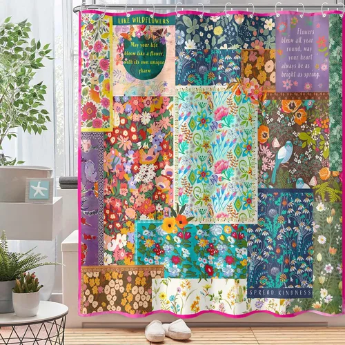 Miniatura 12 de Neasow Cortina de ducha sin gancho con forro a presión, cortinas de tela floral bohemia con forro interior impermeable con imanes ponderados