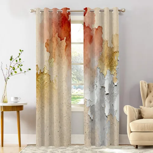 Miniatura 173 de Shrahala Beige and Orange Abstract Art Brushstrokes Blackout Curtain Tiers, Abstract Oil Paint Kitchen Valance Light Blocking Tier Drapes with Rod