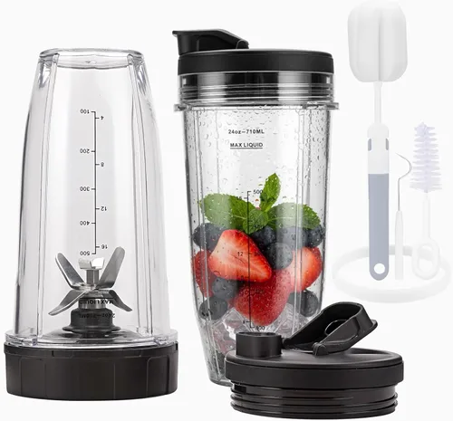 Piezas de repuesto para tazas de licuadora Ninja, paquete de 2 tazas de licuadora de 24 onzas con tapas para beber y sellar, cuchilla de repuesto de