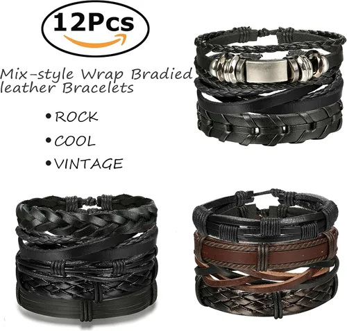 Miniatura 3 de Jstyle 12Pcs Braided Bracelet for Men Beaded Bracelets Wrap Leather Wooden Bracelets Adjustable