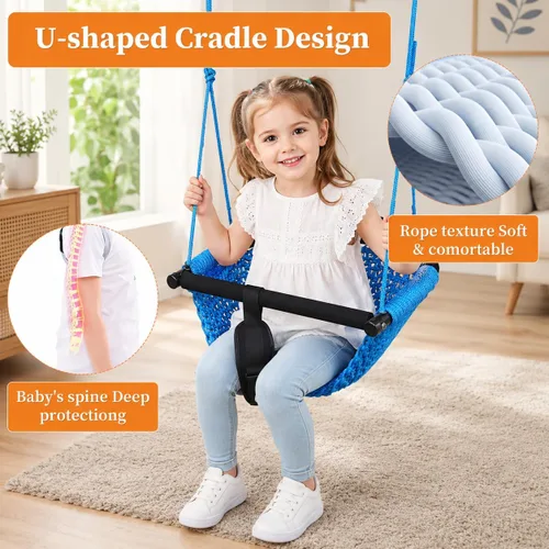 Miniatura 4 de Columpio para niños, hecho a mano, de red, con cuerda ajustable, columpios de árbol para niños, patio trasero, patio trasero, columpios para Azul