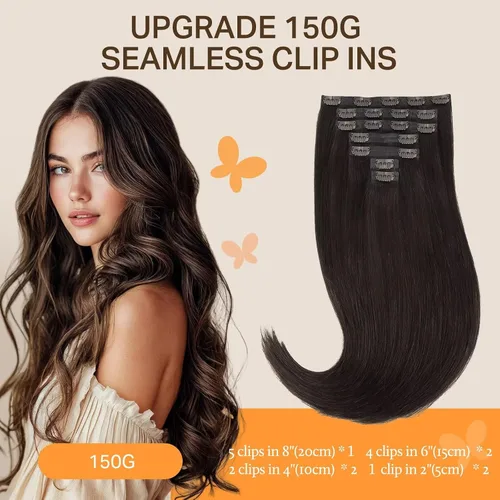 Miniatura 2 de DOORES Extensiones de cabello con clip invisible, marrón oscuro 130g 7 piezas 18 pulgadas, extensiones de cabello grueso virgen para mujeres, trama