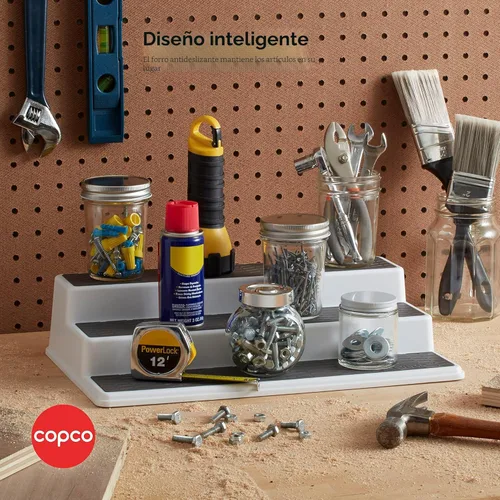 Miniatura 6 de Copco Organizador de especias antideslizante de 3 niveles para armario de cocina o despensa, estante escalonado de 15 pulgadas, blanco/gris, diseño