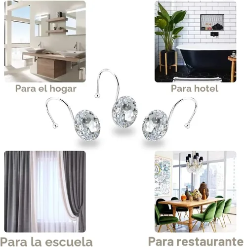 Miniatura 5 de 12 piezas de ganchos para cortina de ducha para baño, ganchos para cortinas de ducha de acero inoxidable resistentes al óxido con strass decorativos