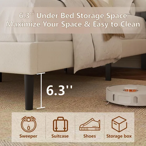 Miniatura 5 de Base de cama tamaño Queen con cabecero vertical Chanel acolchado y respaldo de alas, cama de plataforma tapizada, listones de madera fuertes, fácil