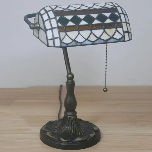 Miniatura 3 de Lámpara de mesa de banquero de cristal mediterráneo azul y verde de 10 pulgadas, estilo Tiffany antiguo, lámpara de decoración de escritorio