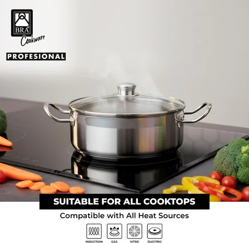 Miniatura 5 de BRA COOKWARE Olla profesional de acero inoxidable 18/10 con tapa de vidrio Olla profesional de 8 pulgadas de 2.4 cuartos de galón Base de 0.217