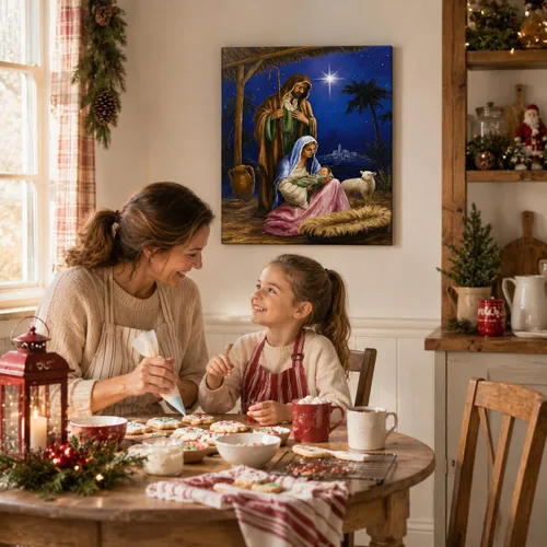 Miniatura 4 de BANBERRY DESIGNS Nativity - Lienzo decorativo para pared, cuadro LED de la Sagrada Familia con María José y el Niño Jesús, escena de establo