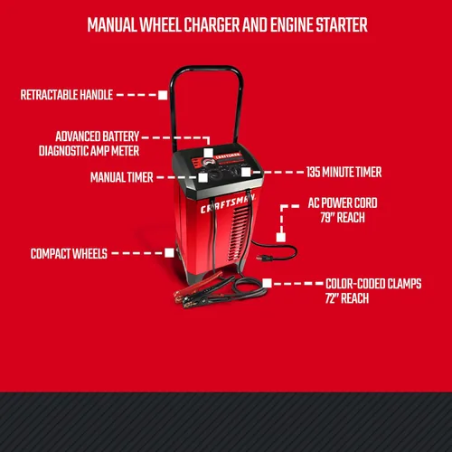 Miniatura 7 de CRAFTSMAN Cargador de batería de coche manual con ruedas 6A y arrancador de motor de 175A, solución 2 en 1, control por temporizador, impulso de 25