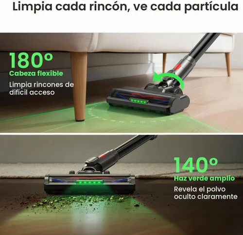 Miniatura 5 de Xlife Aspiradora inalámbrica de 45 KPa 550 W para pelo de mascotas y multisuperficie, luz verde, revelar polvo, filtro HEPA de 7 etapas, largo